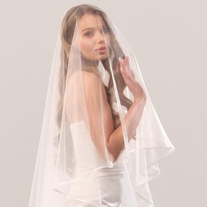 Satin trim veil with blusher, Wedding chapel length veil, Bridal blusher veil, satin ribbon edge veil