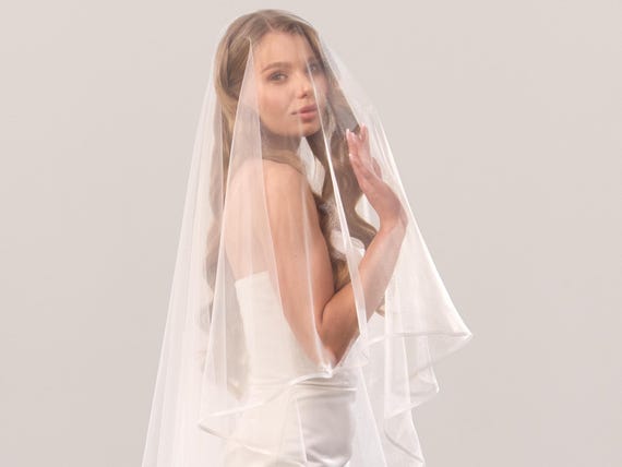 Satin trim veil with blusher, Wedding chapel length veil, Bridal blusher veil, satin ribbon edge veil