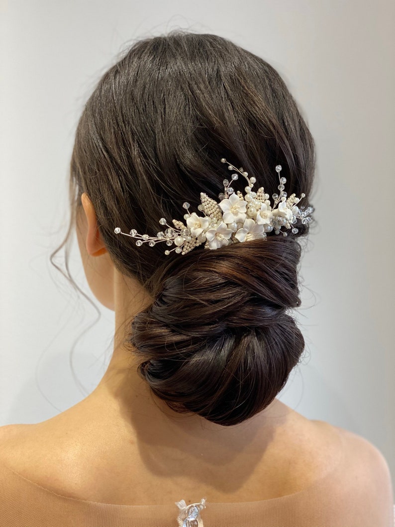 Bridal Flower Hair Piece, Wedding Hair Vine, Pearl Comb Floral Headpiece image 3