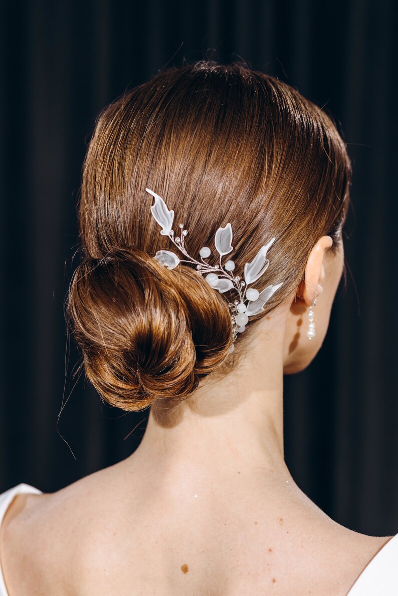 Bridal hair piece white leaf hair vine wedding silver rhinestone headpiece floral bridal hair jewelry image 10