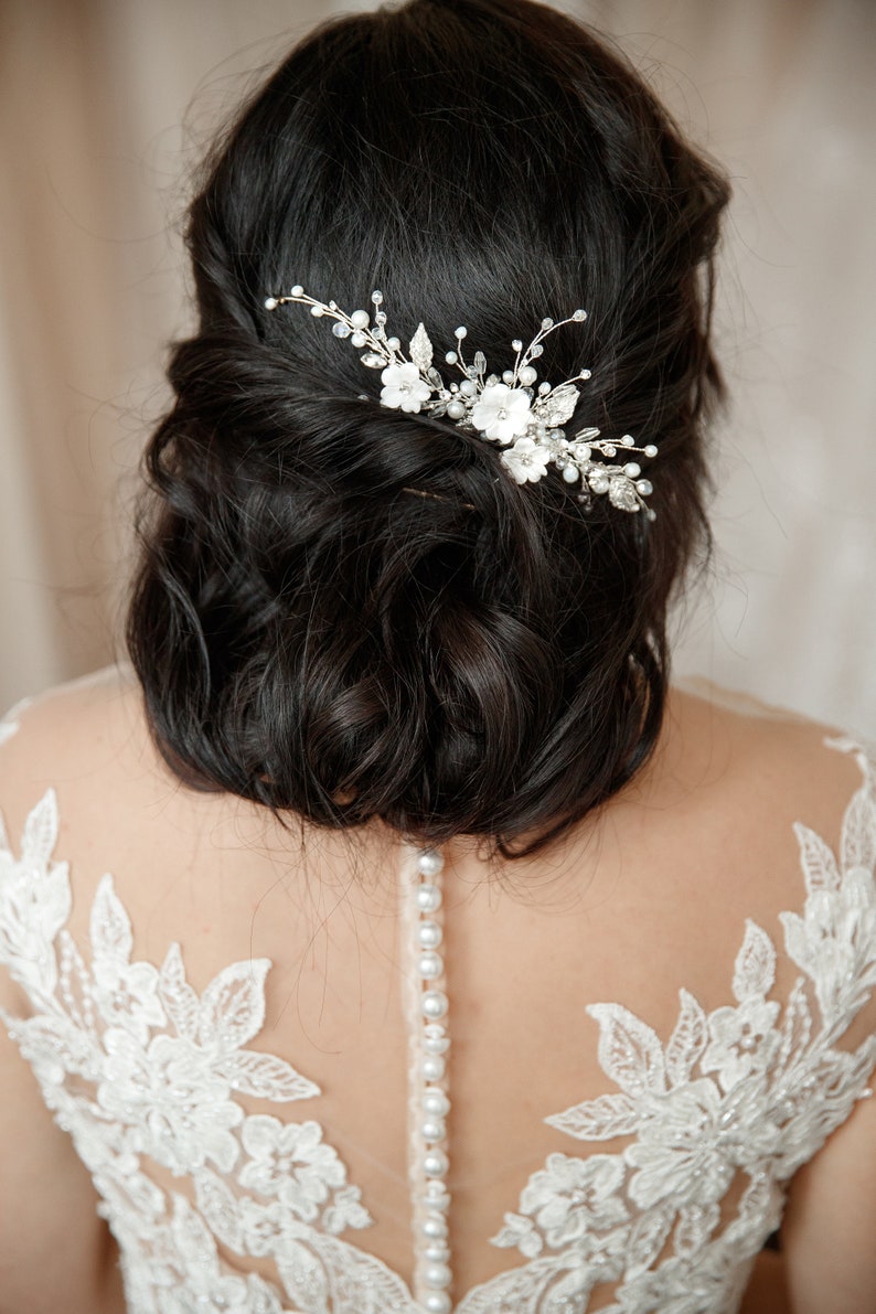 Pearl flower bridal hair piece Wedding comb clip image 3