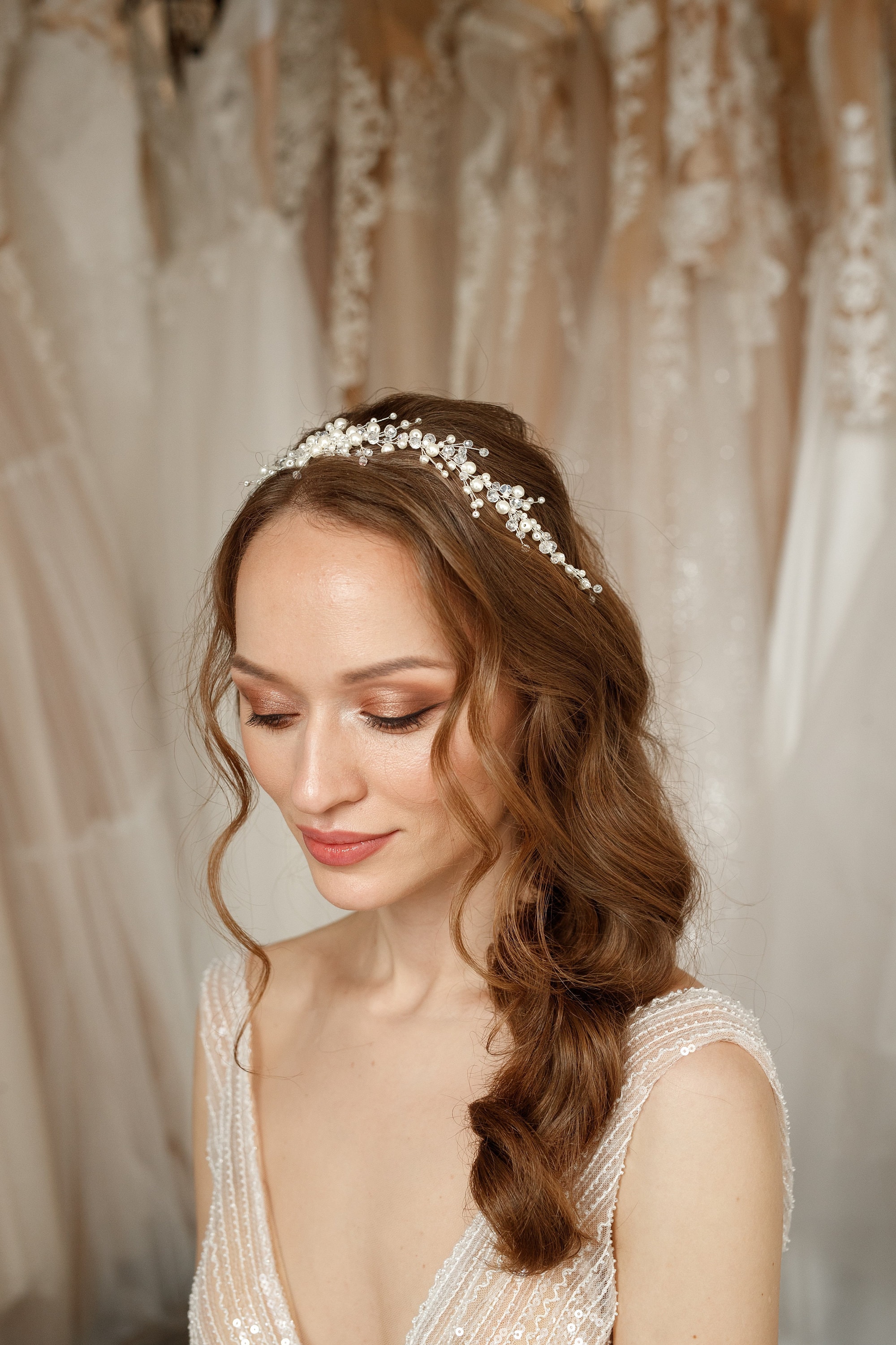 Coroa de pérolas para cabelo de noiva: videira para cabelo de casamento, acessório de cabeça com pedras preciosas