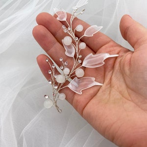 Bridal hair piece white leaf hair vine wedding silver rhinestone headpiece floral bridal hair jewelry image 3