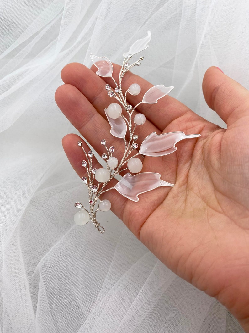 Bridal hair piece white leaf hair vine wedding silver rhinestone headpiece floral bridal hair jewelry image 3
