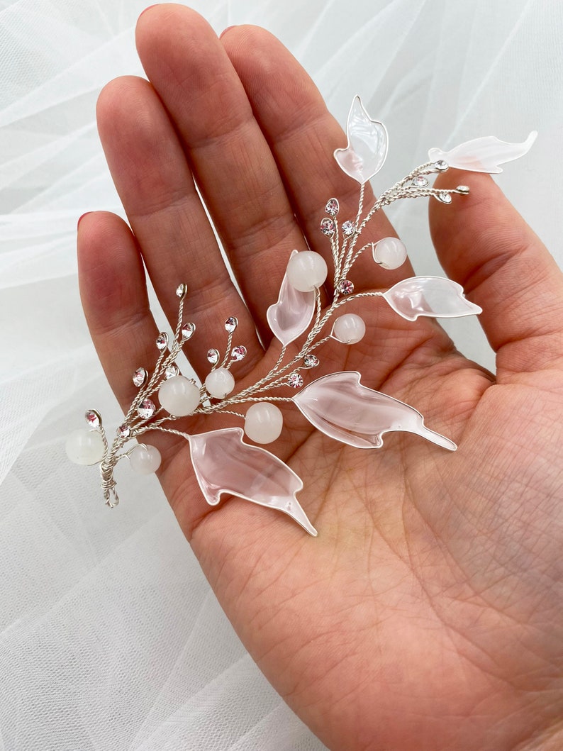 Bridal hair piece white leaf hair vine wedding silver rhinestone headpiece floral bridal hair jewelry image 8