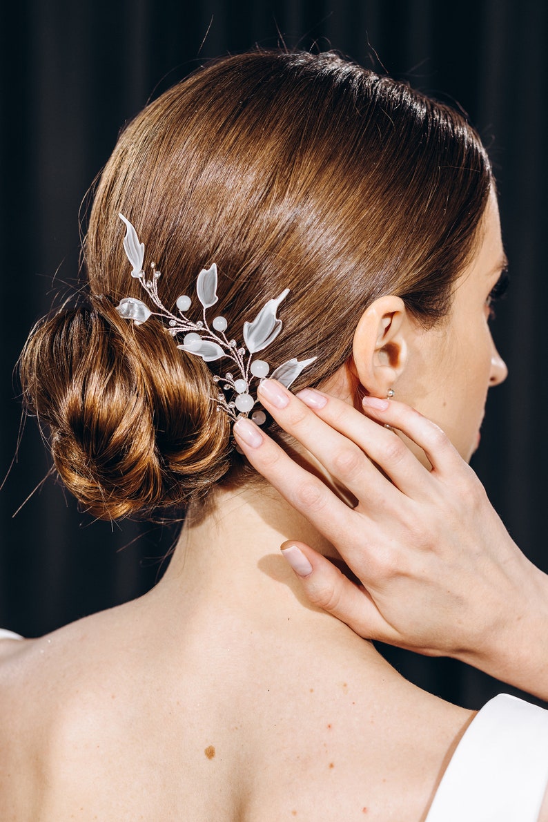 Bridal hair piece white leaf hair vine wedding silver rhinestone headpiece floral bridal hair jewelry image 9