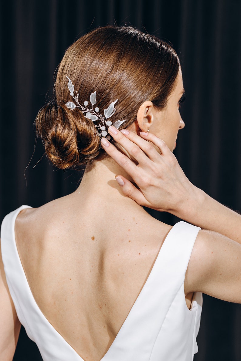 Bridal hair piece white leaf hair vine wedding silver rhinestone headpiece floral bridal hair jewelry image 2