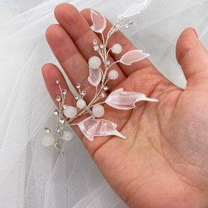Bridal hair piece white leaf hair vine wedding silver rhinestone headpiece floral bridal hair jewelry image 4