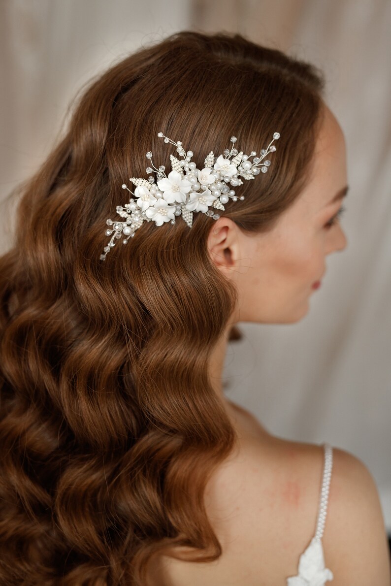 Bridal Flower Hair Piece, Wedding Hair Vine, Pearl Comb Floral Headpiece image 8