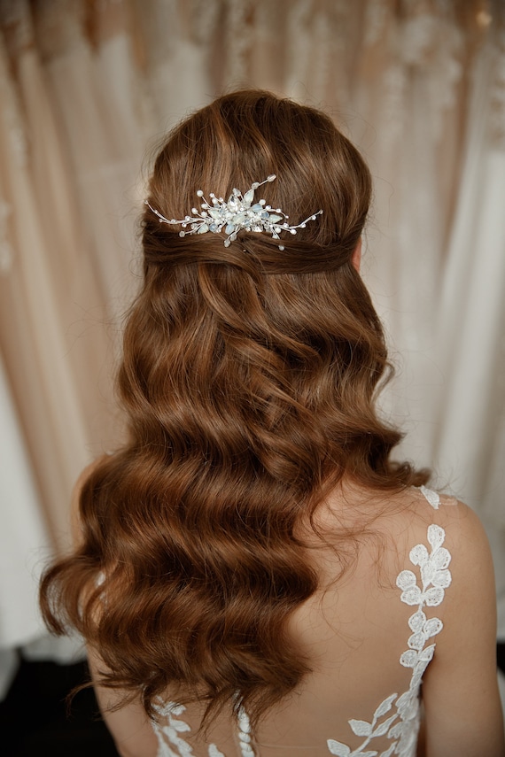 Chargances Pettine Per Capelli Da Sposa Con Fiori Bianchi E Cristalli Rossi, Accessorio Per Matrimonio E Ballo, Donna - 3