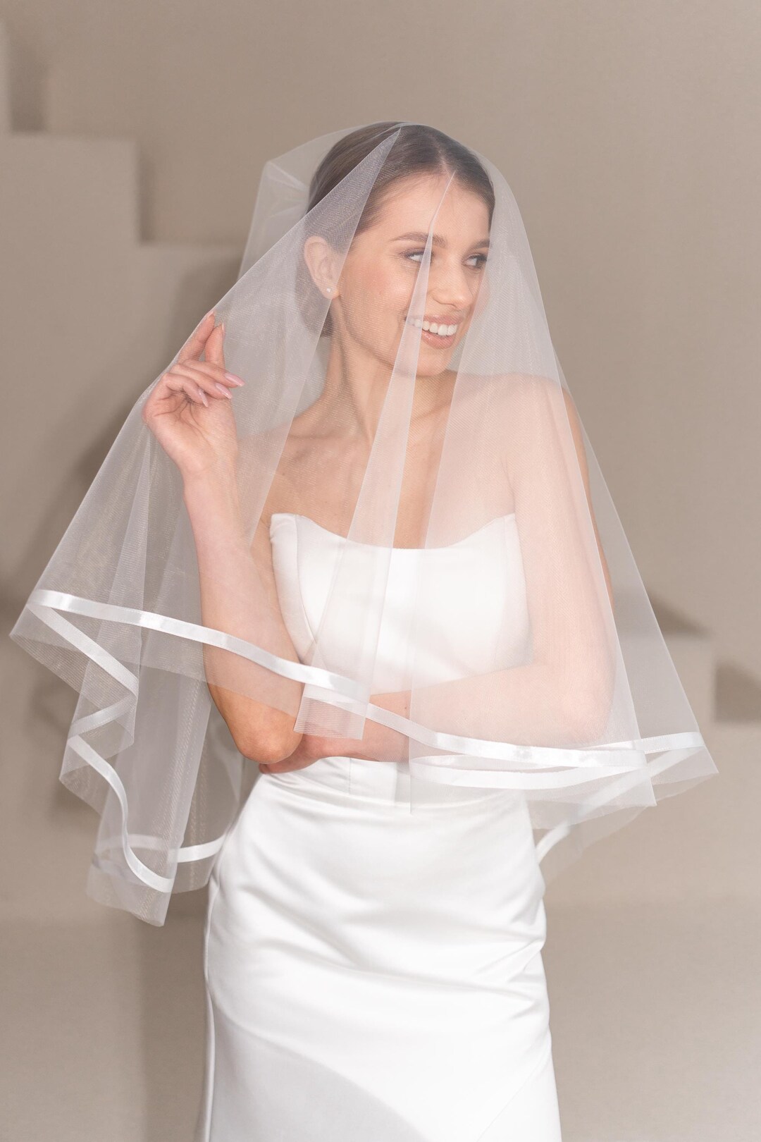 Satin Ribbon Wedding Veil, Two Tier Bridal Tulle, Handmade  display picture 1