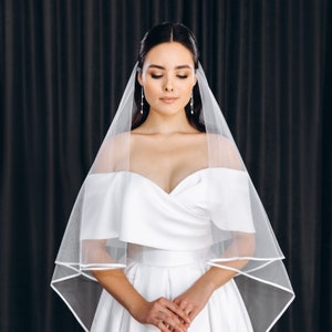 Satin ribbon wedding veil, Bridal cascading veil, 2 tier knee length veil, Simple sheer veil, Chapel double tire cathedral veil