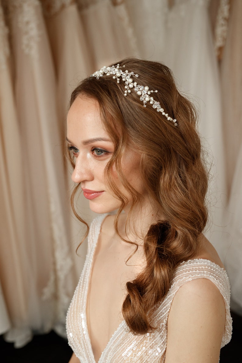 Bridal hair wreath with pearls wedding hair piece, bridal hair vine, pearl hair wreath for wedding image 7