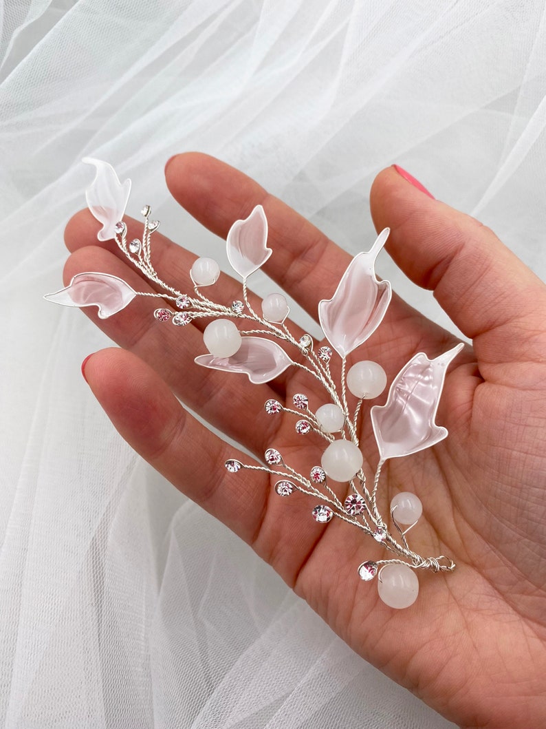 Bridal hair piece white leaf hair vine wedding silver rhinestone headpiece floral bridal hair jewelry image 5