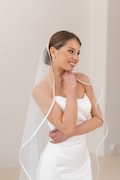 Satin ribbon wedding veil, Bridal cascading fingertip veil, Single tier knee length veil, Soft satin edge veil, Chapel Cathedral Veil