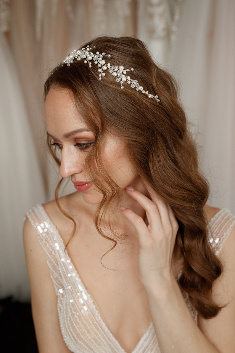 Bridal hair wreath with pearls wedding hair piece, bridal hair vine, pearl hair wreath for wedding image 2