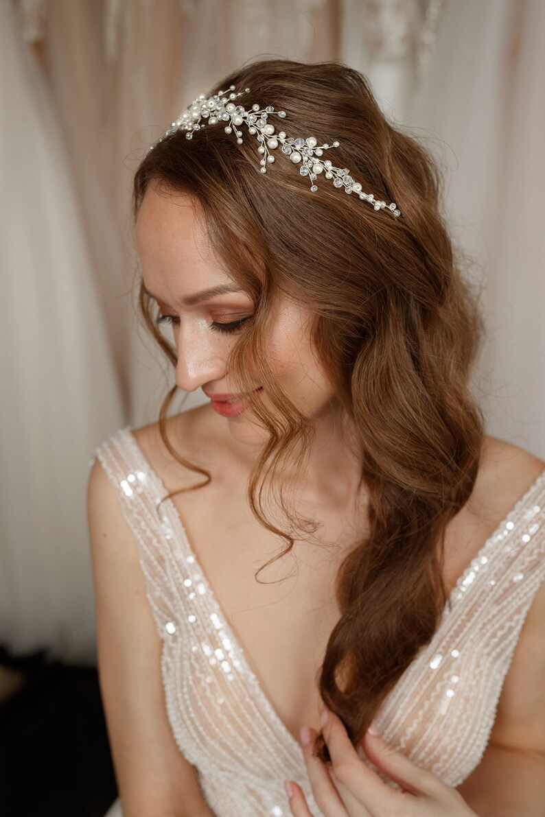 Bridal hair wreath with pearls wedding hair piece, bridal hair vine, pearl hair wreath for wedding image 5