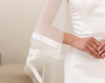 Velo da sposa con nastro di raso spesso, velo da sposa a cascata, velo a due strati fino al ginocchio, velo da sposa elegante, velo da cattedrale a due strati