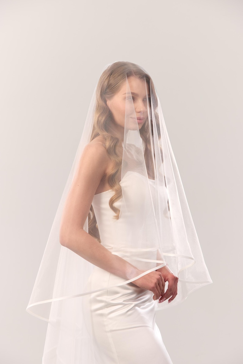 Satin trim veil with blusher, Wedding chapel length veil, Bridal blusher veil, satin ribbon edge veil image 3