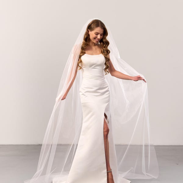 Cathedral wedding veil, Raw edge soft white or ivory one layer veil