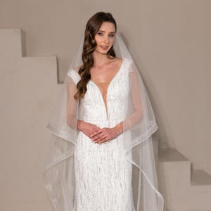 May include: A bride wearing a white, beaded, v-neck wedding dress with a long, flowing veil. The dress has a fitted bodice and a flowing skirt.