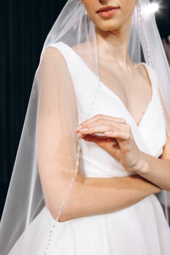 Opal Crystal and Pearl Edge Beaded Fingertip Wedding Veil