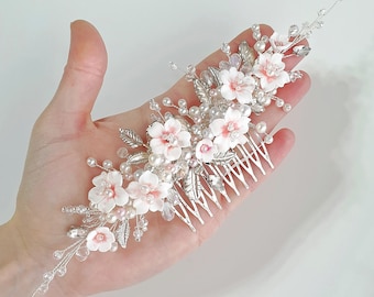 Sakura bridal hair comb, wedding silver flower piece