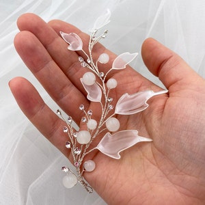 Bridal hair piece white leaf hair vine wedding silver rhinestone headpiece floral bridal hair jewelry image 6