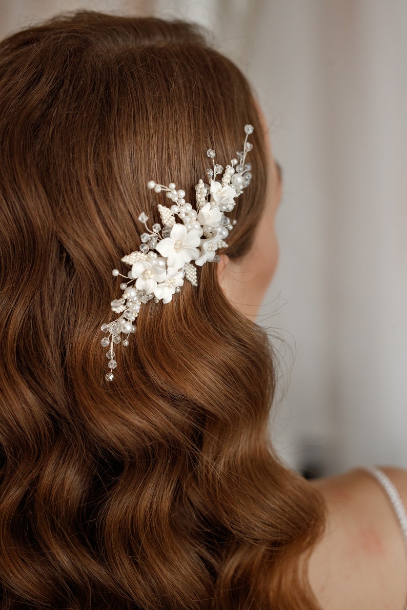 Bridal Flower Hair Piece, Wedding Hair Vine, Pearl Comb Floral Headpiece image 9