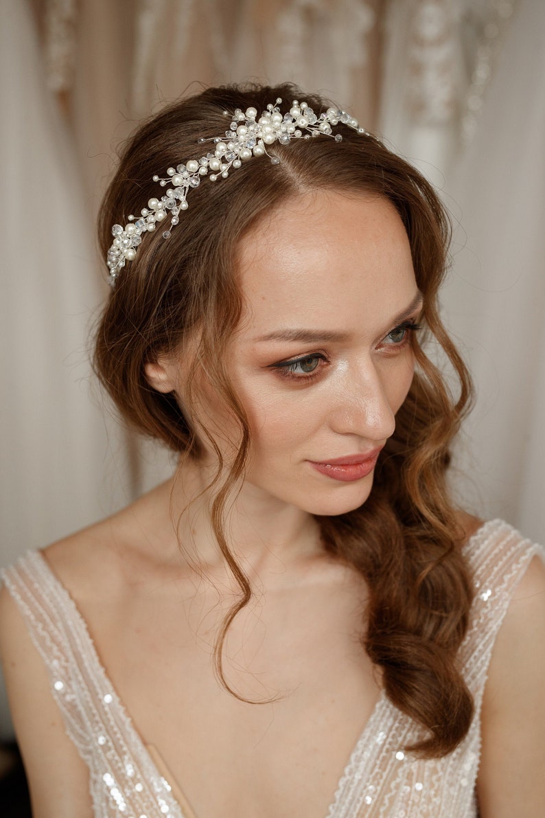 Bridal hair wreath with pearls wedding hair piece, bridal hair vine, pearl hair wreath for wedding image 6