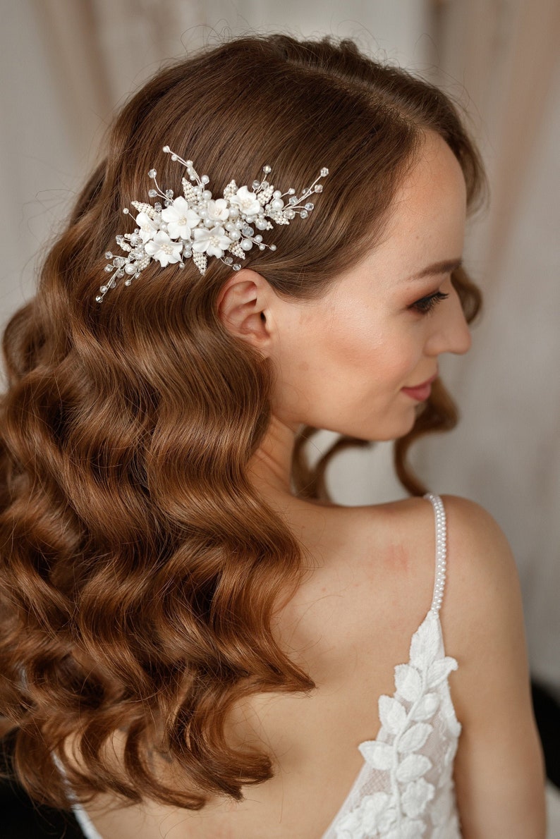 Bridal Flower Hair Piece, Wedding Hair Vine, Pearl Comb Floral Headpiece image 1