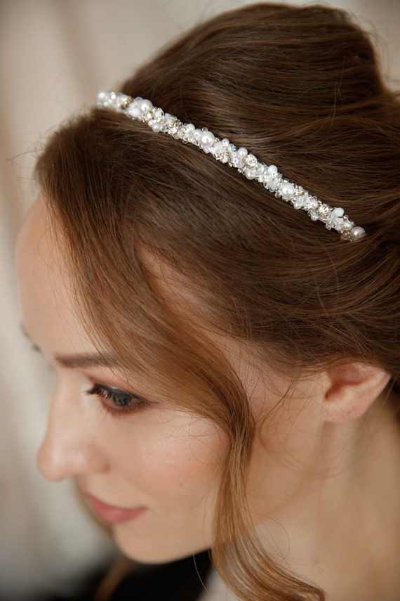 Cerchietto da sposa con perle / Accessorio per capelli da sposa / Tiara minimalista con perle - Italia