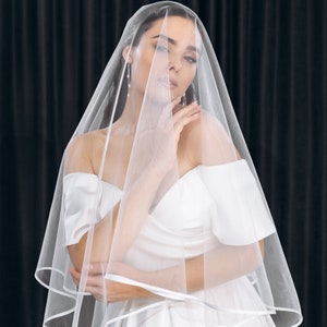 Satin ribbon wedding veil, Bridal cascading veil, 2 tier knee length veil, Simple sheer veil, Chapel double tire cathedral veil image 4