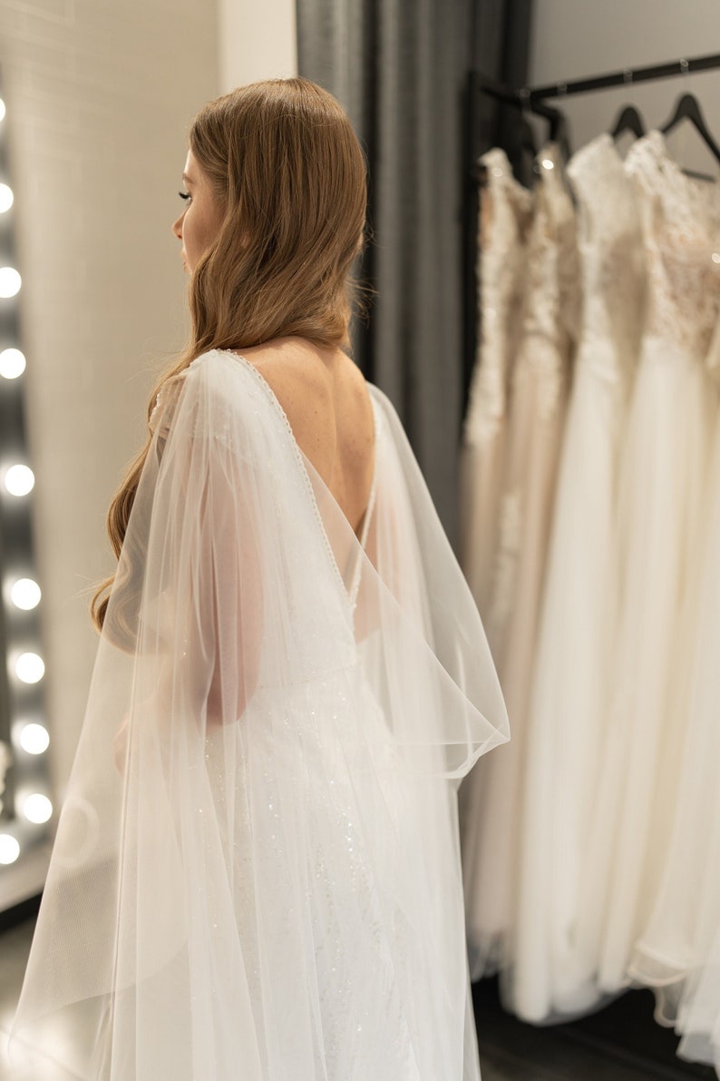 Wedding cape veil ivory long modern veil bridal cape coverup, soft shoulder train veil image 1