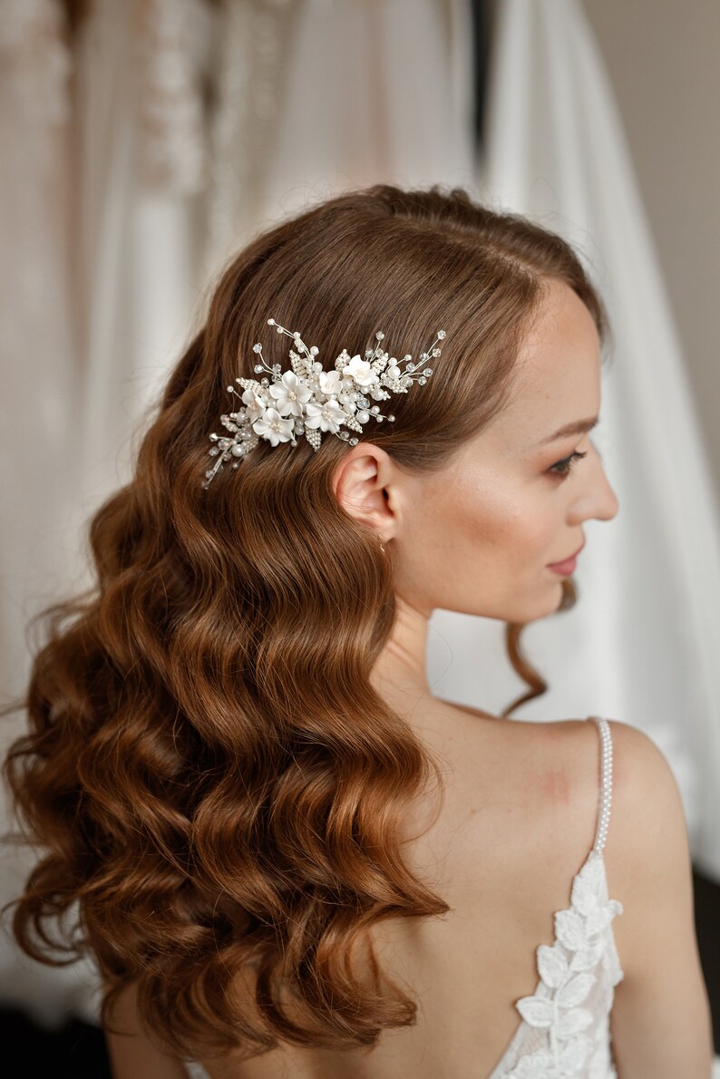 Bridal Flower Hair Piece, Wedding Hair Vine, Pearl Comb Floral Headpiece image 10