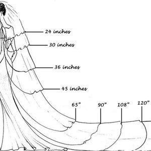 May include: A line drawing of a wedding veil with measurements in inches. The veil is shown in different lengths, from 24 inches to 150 inches.