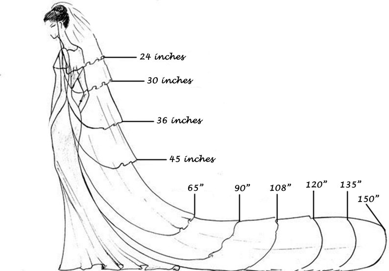 May include: A line drawing of a wedding veil with measurements in inches. The veil is shown in different lengths, from 24 inches to 150 inches.
