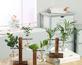 Terrarium Hydroponic Plant Vases Vintage Flower Pot Transparent Vase Wooden Frame Glass Home Decor Planter