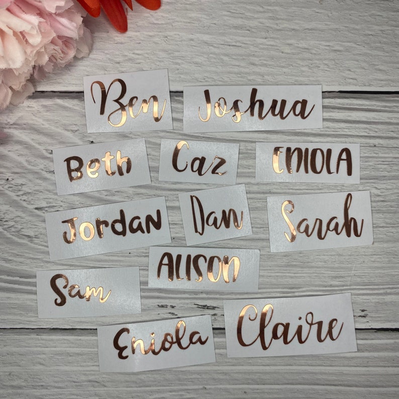 wedding favour stickers glassware decal labels personalise a bridesmaid gift Metallic copper vinyl decal name stickers