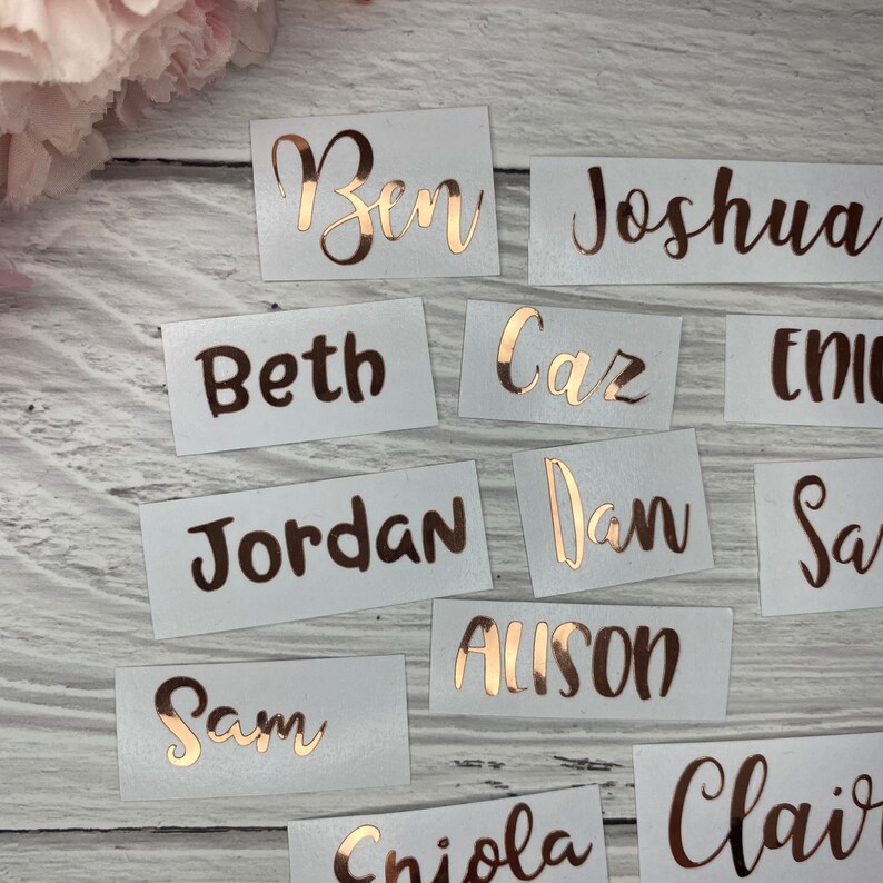 wedding favour stickers glassware decal labels personalise a bridesmaid gift Metallic copper vinyl decal name stickers