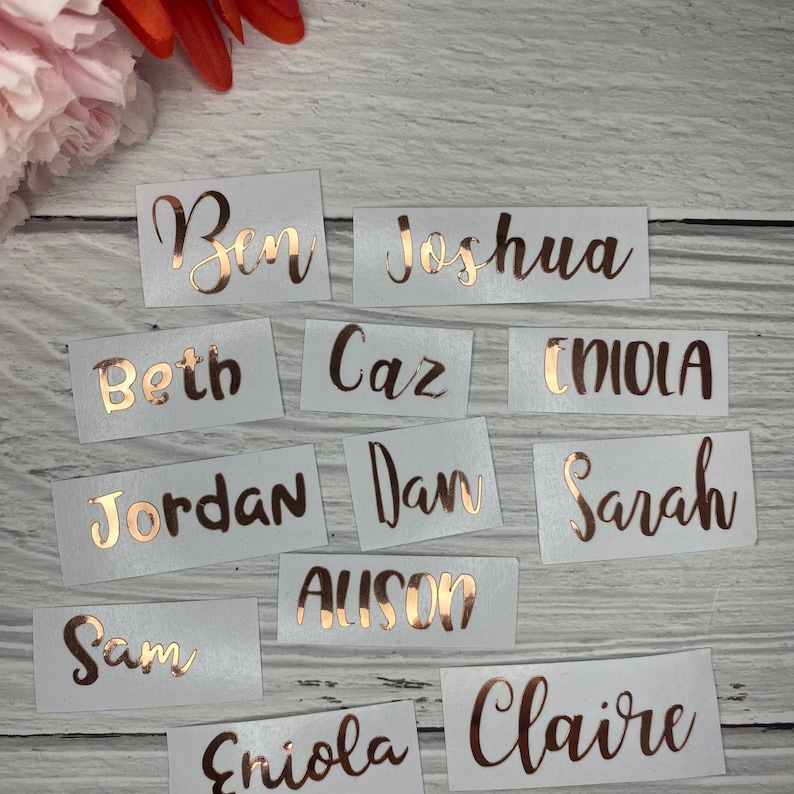 wedding favour stickers glassware decal labels personalise a bridesmaid gift Metallic copper vinyl decal name stickers