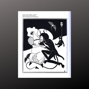 Peut inclure: Illustration en noir et blanc d'une femme masquée et d'un homme avec des cornes. La femme est assise sur les genoux de l'homme et ils se regardent. L'illustration est dans un style qui rappelle celui d'Aubrey Beardsley.