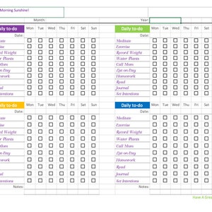 May include: A printable daily to-do list with checkboxes for tasks such as meditate, exercise, record weight, water plants, call mom, list on Etsy, homework, read, journal, and set intentions. The list is divided into two sections: "Daily to-do" and "Daily to-do".