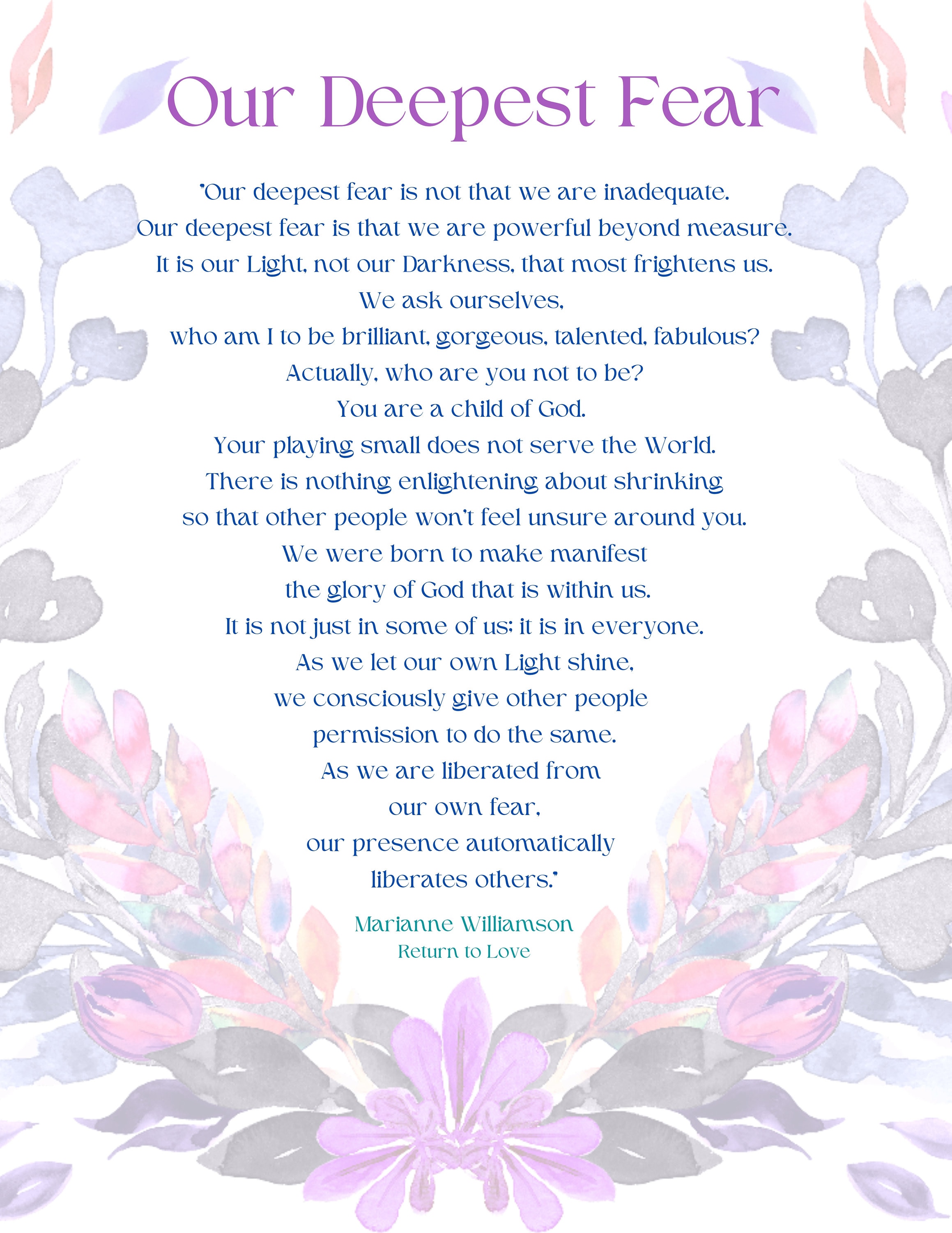 Our Deepest Fear Poem Marianne Williamson Daily Affirmation our-deepest-fear-poem-marianne-williamson-daily-affirmation