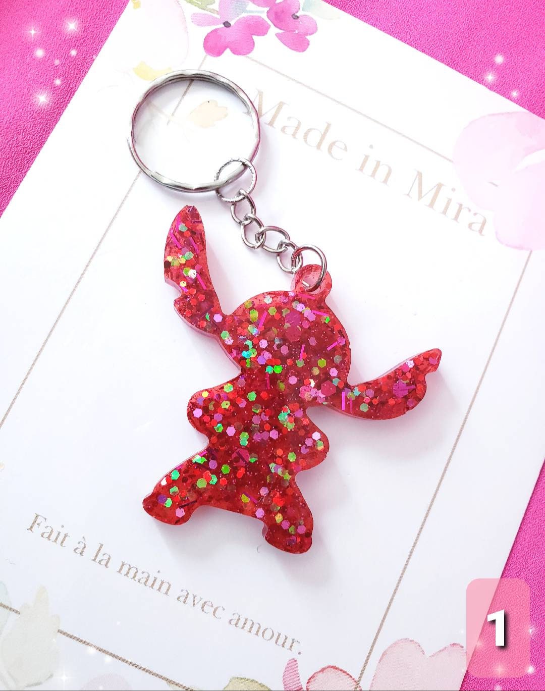 MadeinMira Stitch and Angel/Keychain/Sequins/pink/blue/Red