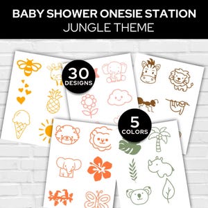 May include: Baby shower onesie station with a jungle theme. The image shows 30 designs in 5 colours. The designs include a bee, giraffe, pineapple, elephant, zebra, lion, and other jungle-themed illustrations.