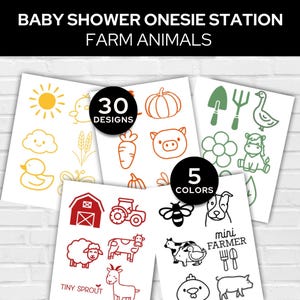 May include: Baby shower onesie station featuring farm animal designs. The image displays 30 designs in 5 colours. Illustrations include a sun, chick, pumpkin, pig, and more. Text includes "Tiny Sprout" and "mini FARMER".