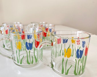 Retro Mod Vintage set of 6 Juice/Coffee Cup Mugs Flower Tulip Pattern