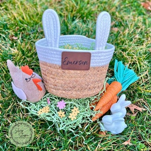 Easter Basket with Laser Engraved Patch - Personalized Bunny Basket - Custom Easter Decor - Bunny Ear Rope Basket with Kids Name