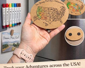 Colorable Travel Map Magnet | USA States Tracker | Personalized Family Adventure Gift | Wooden Fridge Magnet | Road Trip Keepsake
